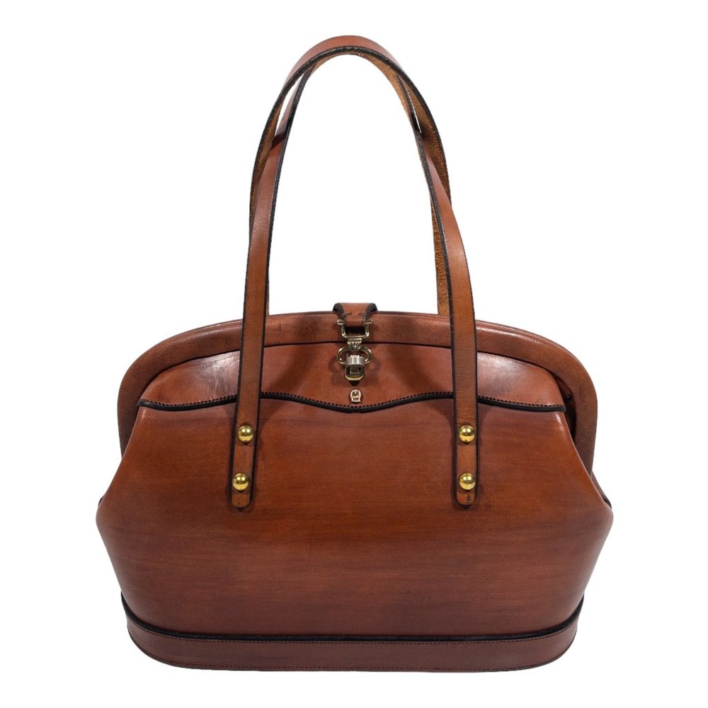 Vintage Eitienne Aigner Vintage Brown Leather Clasp Studded Satchel Doctor Bag